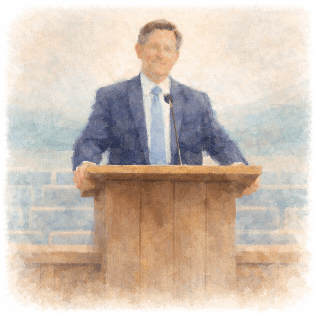 Watercolor illustration of a bishopric member conducting at the pulpit