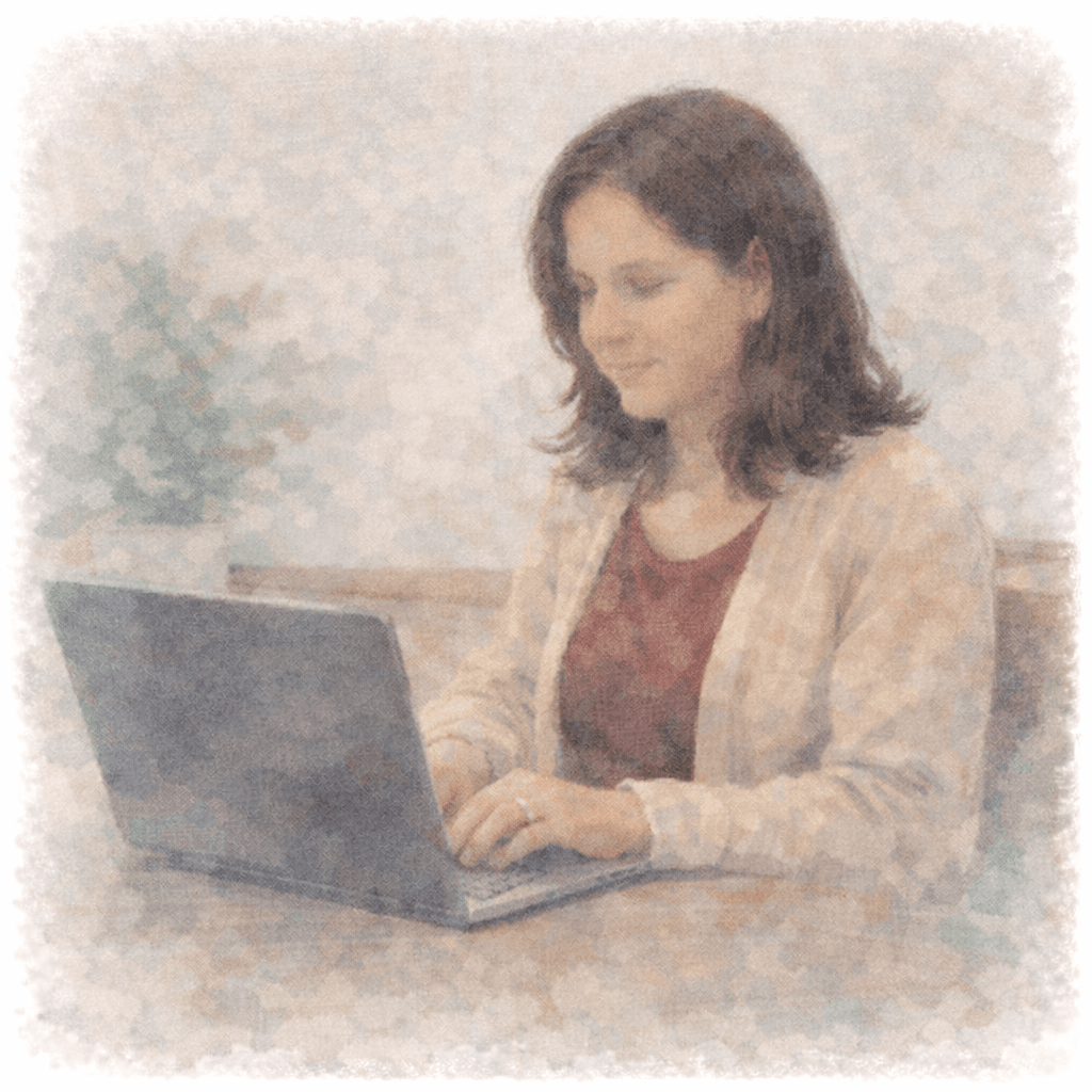 Watercolor illustration of a program coordinator working on a laptop